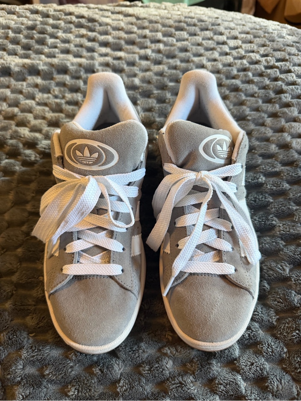 adidas big kids Gray Suede Sneakers with White Accents